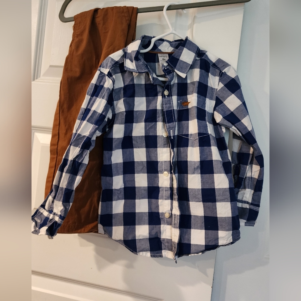 Carter's Blue and White Checkered Button-Down Shirt And Pants Set